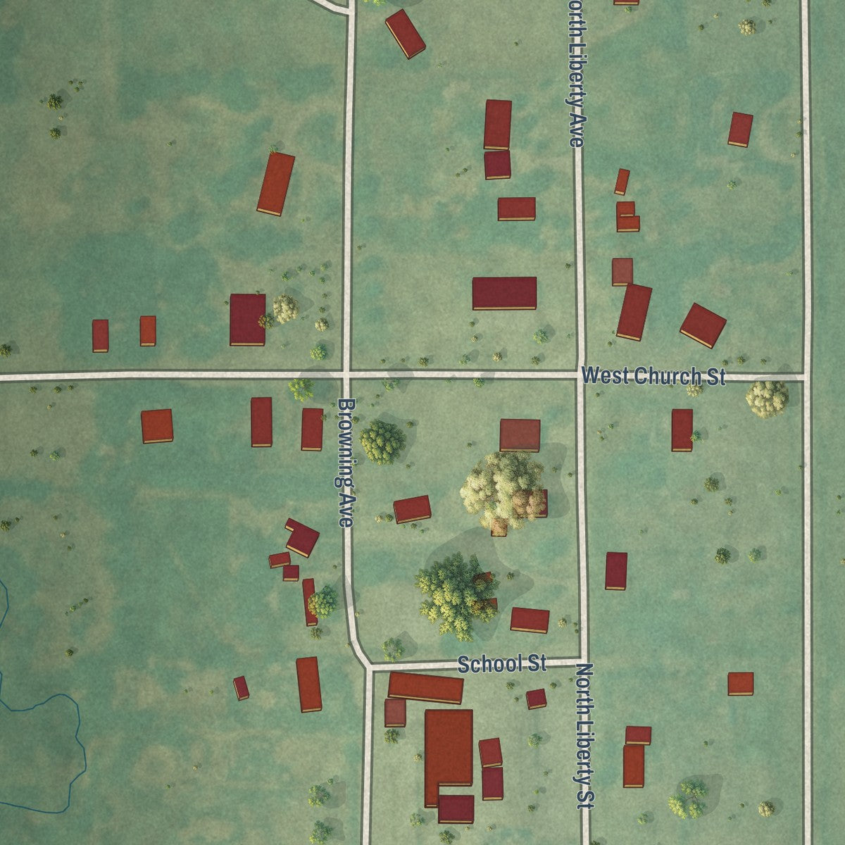 Close-up of the map of Peckham, Oklahoma print showing street and building detail