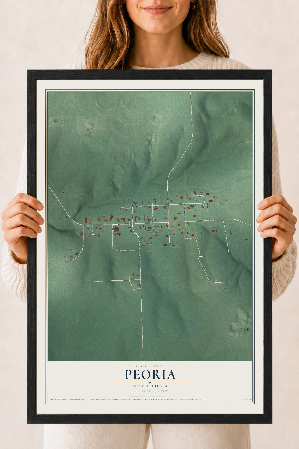 Map of Peoria, Oklahoma, 18 x 24 inch print in a black wood frame