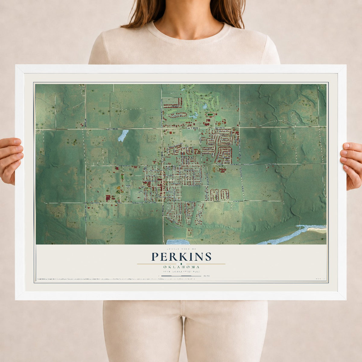 Map of Perkins, Oklahoma, 18 x 24 inch print in a white wood frame