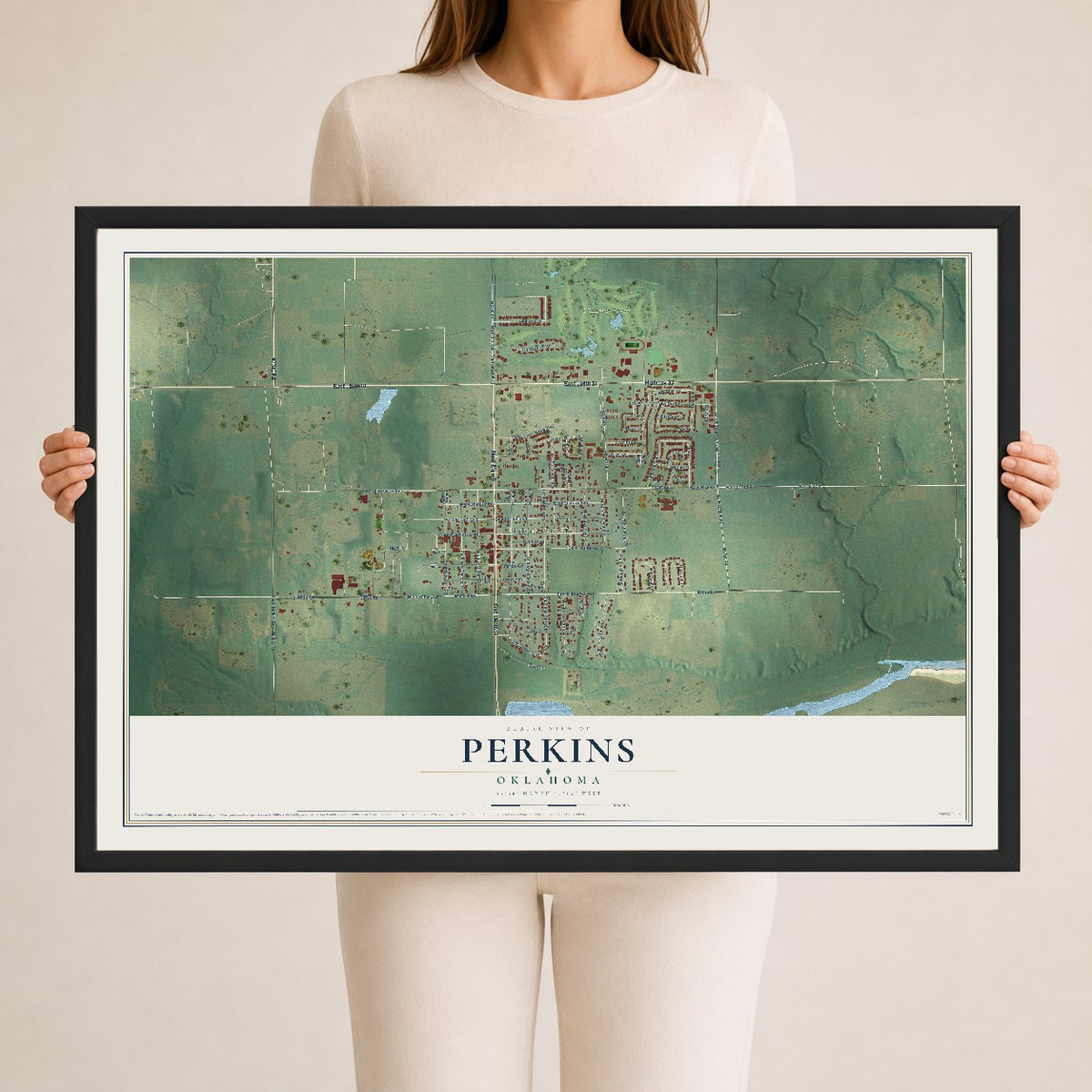 Map of Perkins, Oklahoma, 24 x 36 inch print in a black wood frame