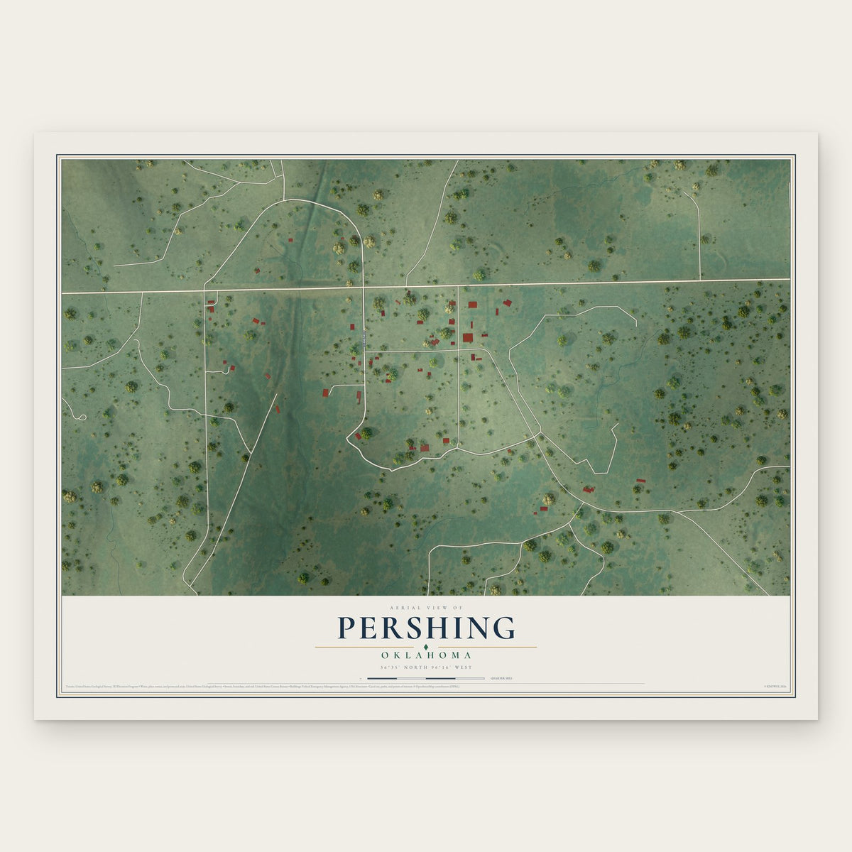 Pershing, Oklahoma map print, the full design