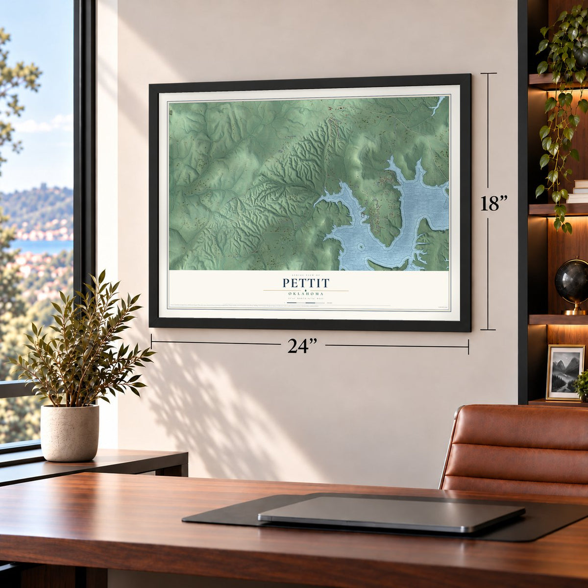 Pettit, Oklahoma map, 18 x 24 inch print in a black frame in a home office