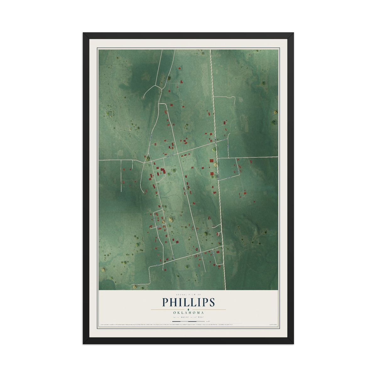 Map of Phillips, Oklahoma, 12 x 18 inch print in a black wood frame