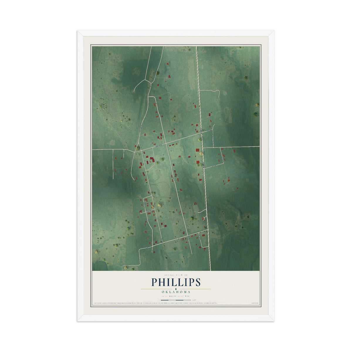 Map of Phillips, Oklahoma, 12 x 18 inch print in a white wood frame