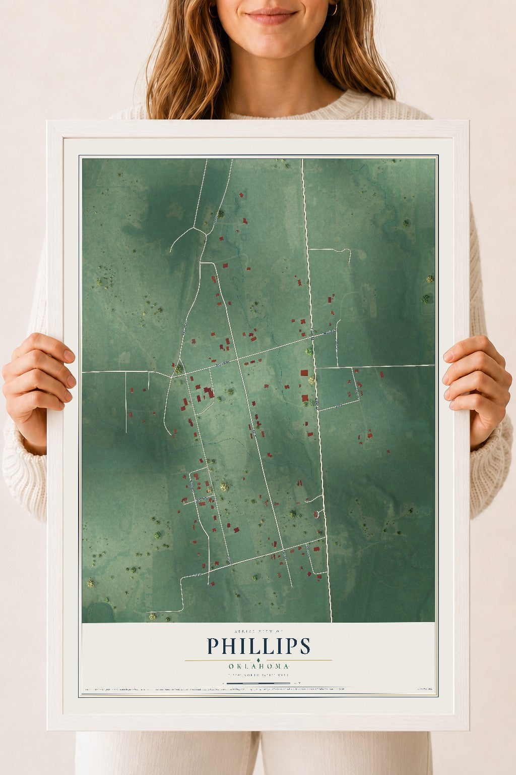 Map of Phillips, Oklahoma, 18 x 24 inch print in a white wood frame