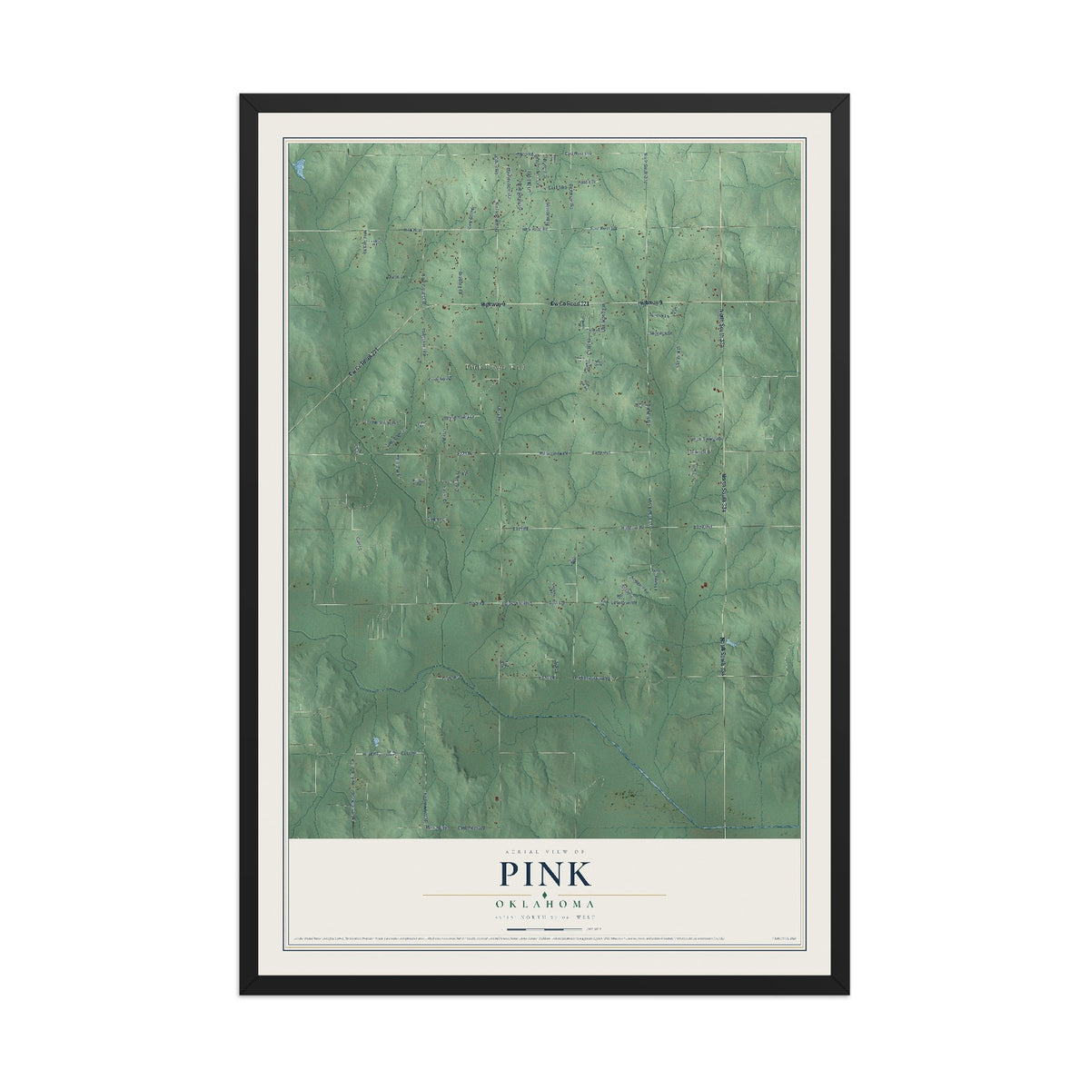 Map of Pink, Oklahoma, 12 x 18 inch print in a black wood frame