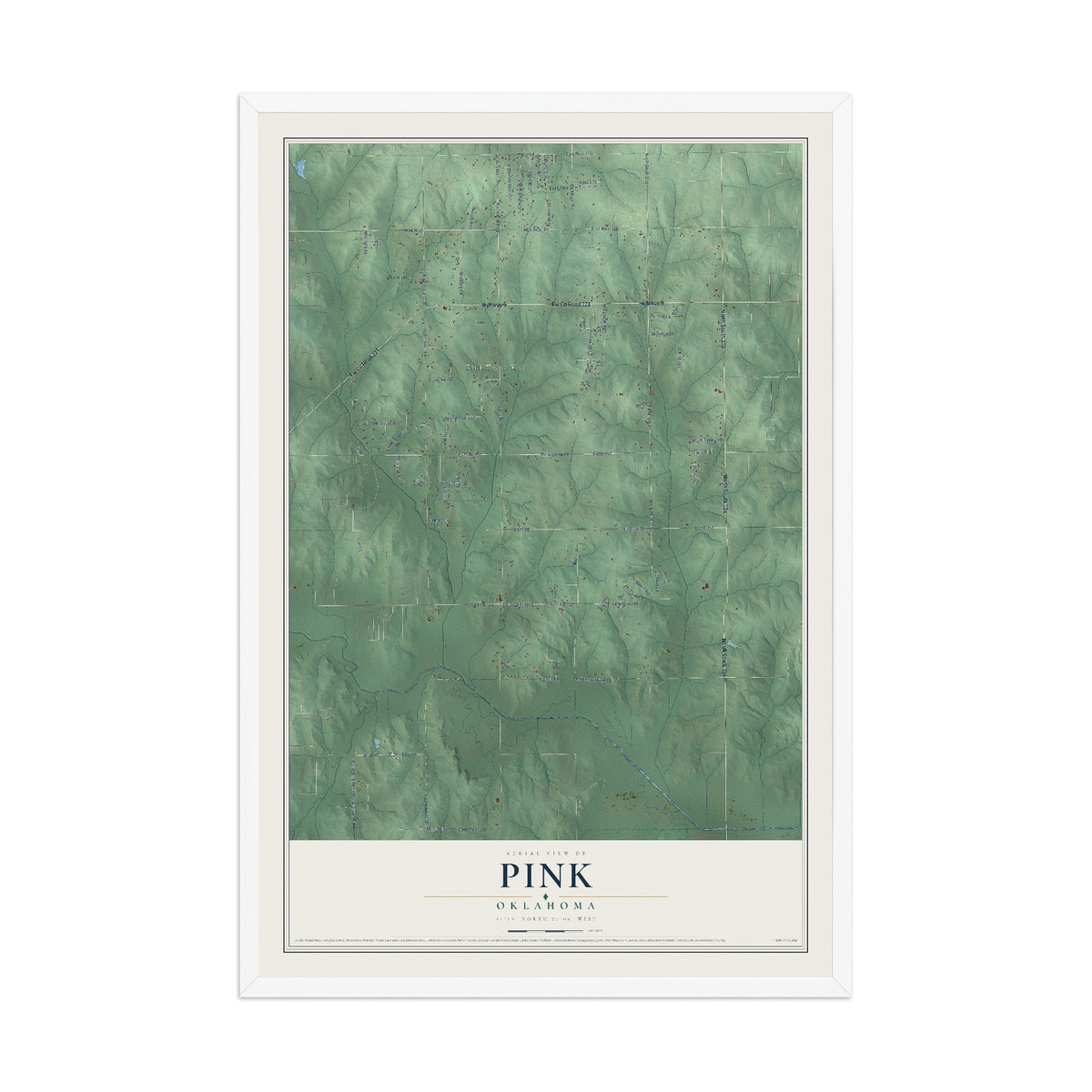 Map of Pink, Oklahoma, 12 x 18 inch print in a white wood frame