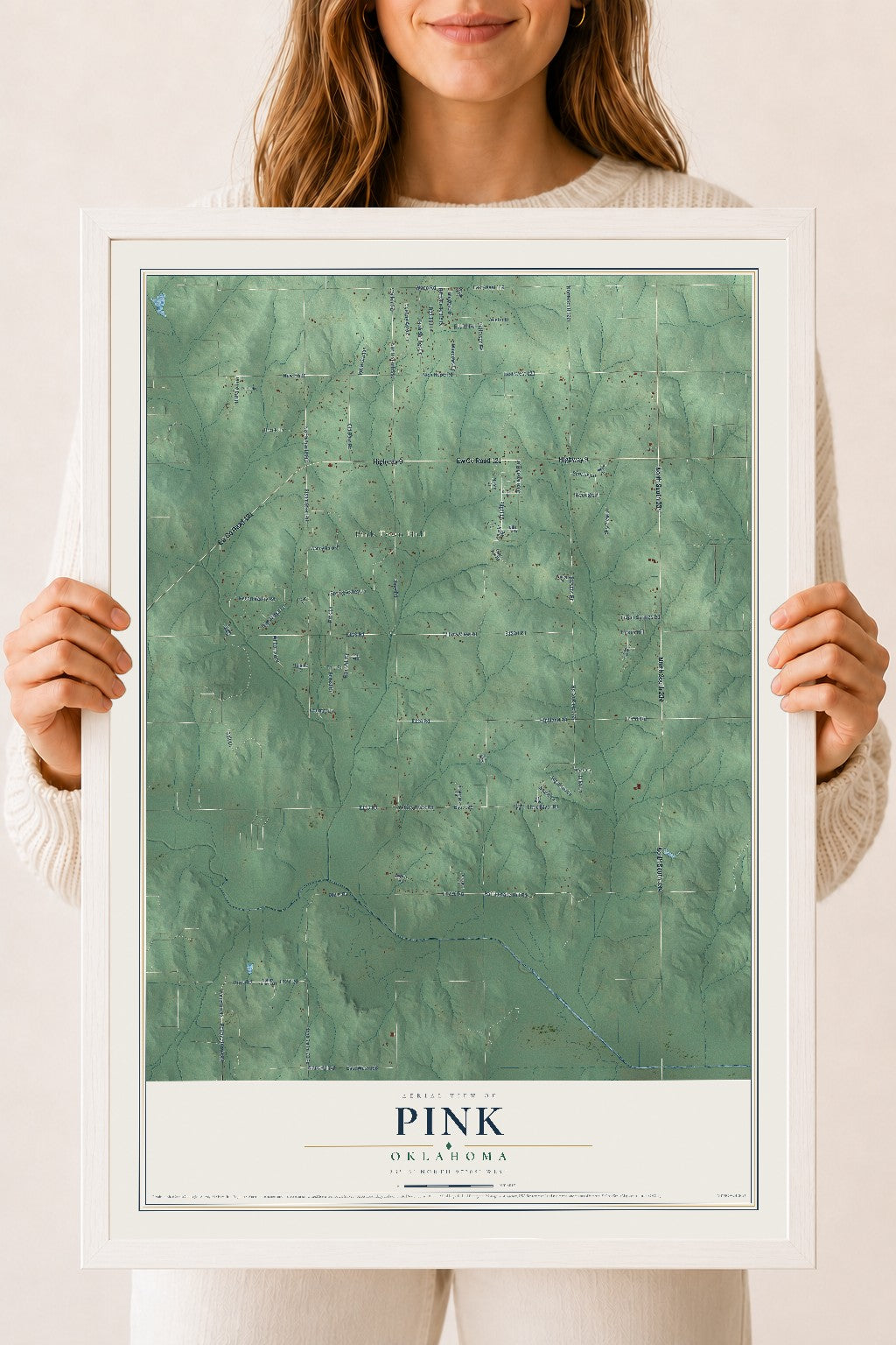 Map of Pink, Oklahoma, 18 x 24 inch print in a white wood frame