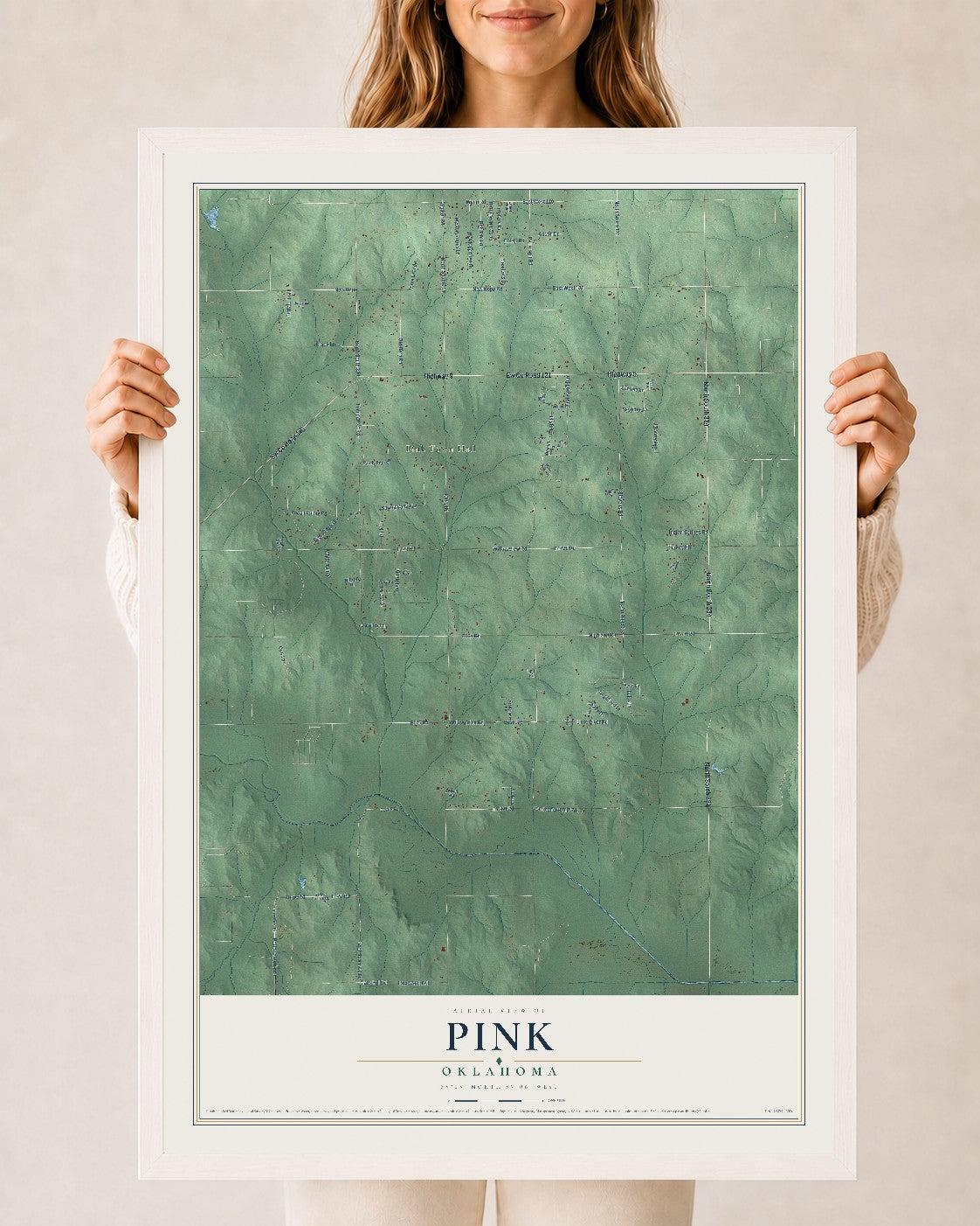 Map of Pink, Oklahoma, 24 x 36 inch print in a white wood frame