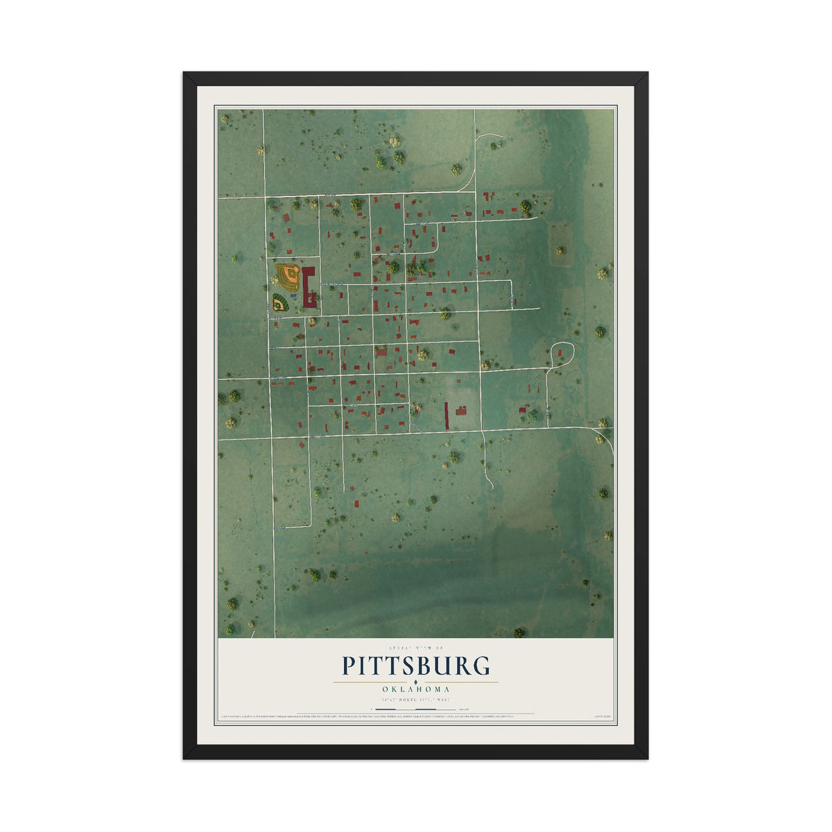 Map of Pittsburg, Oklahoma, 12 x 18 inch print in a black wood frame