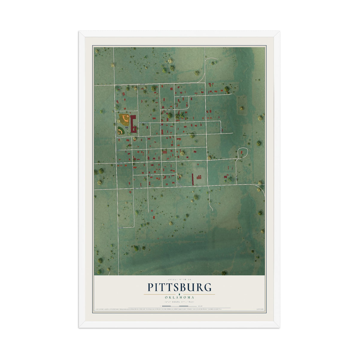Map of Pittsburg, Oklahoma, 12 x 18 inch print in a white wood frame