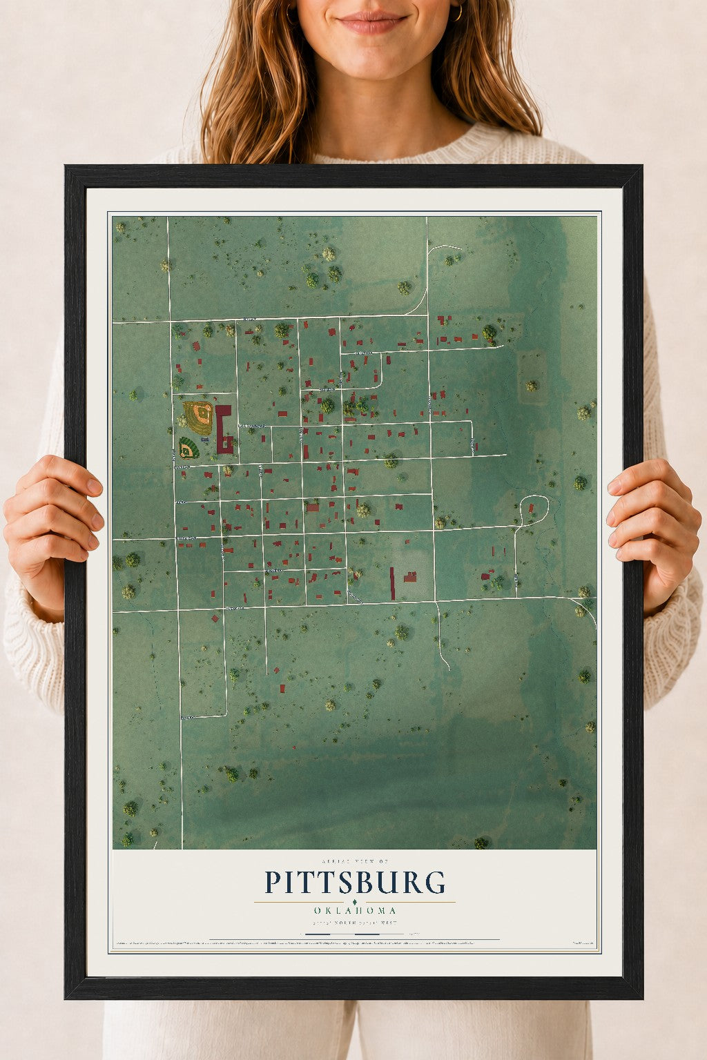 Map of Pittsburg, Oklahoma, 18 x 24 inch print in a black wood frame