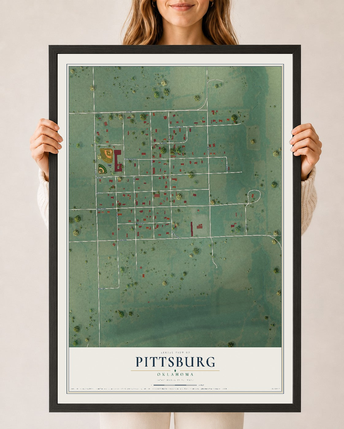 Map of Pittsburg, Oklahoma, 24 x 36 inch print in a black wood frame