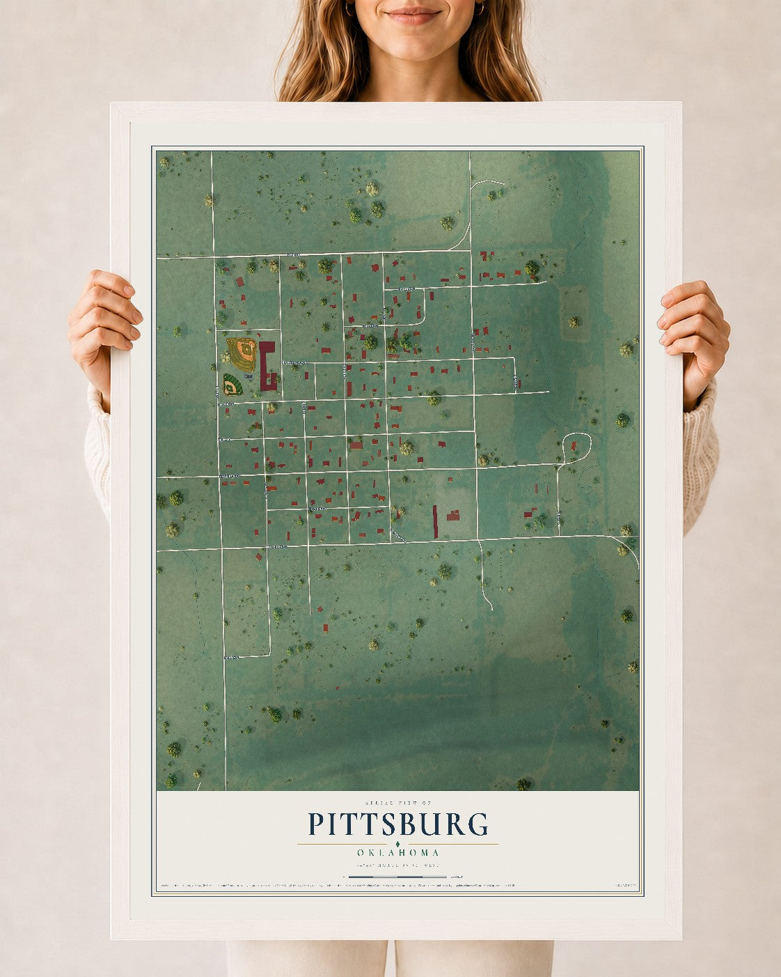 Map of Pittsburg, Oklahoma, 24 x 36 inch print in a white wood frame