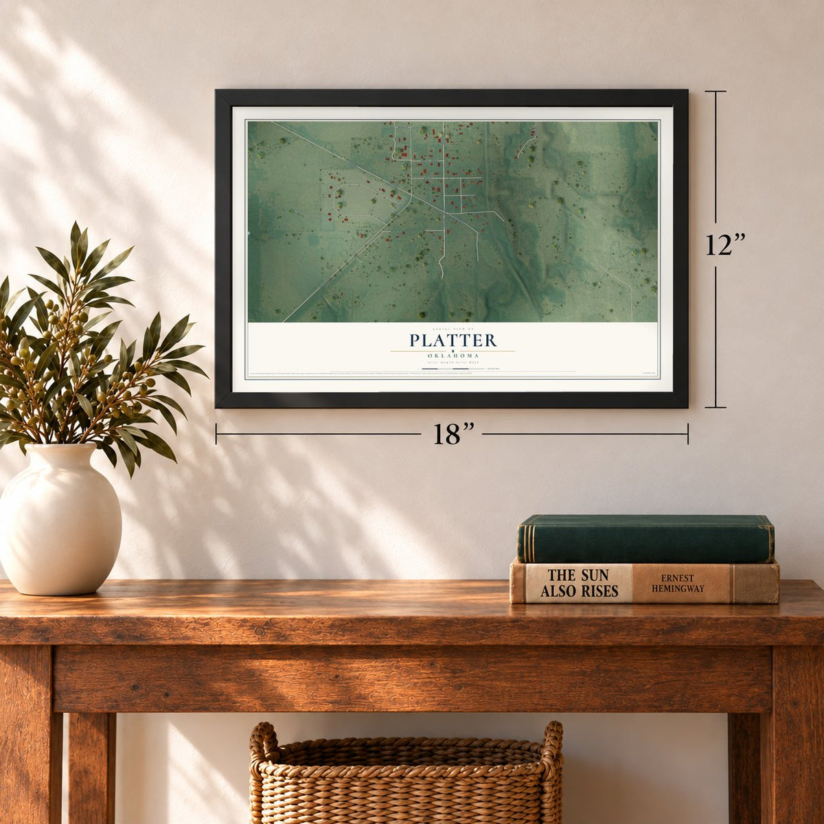 Platter, Oklahoma map, 12 x 18 inch print in a black frame in an entryway