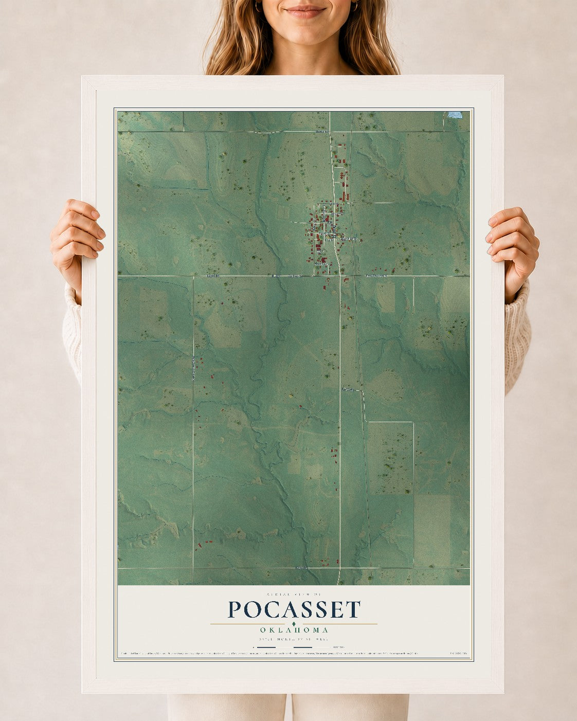 Map of Pocasset, Oklahoma, 24 x 36 inch print in a white wood frame