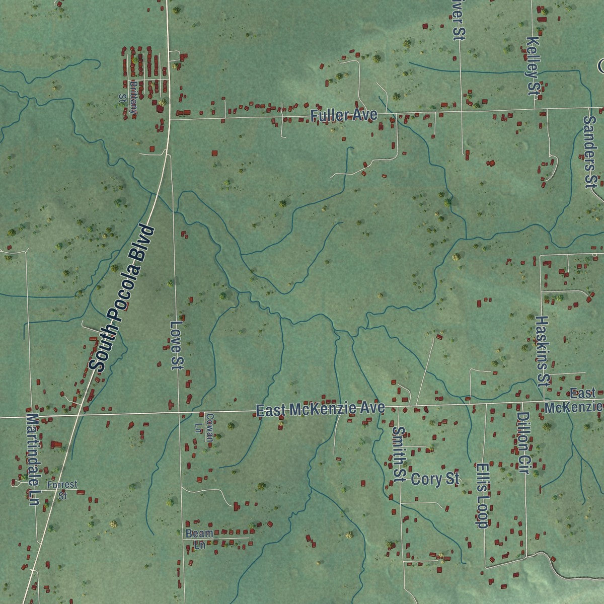Second close-up of the map of Pocola, Oklahoma print showing more streets and buildings