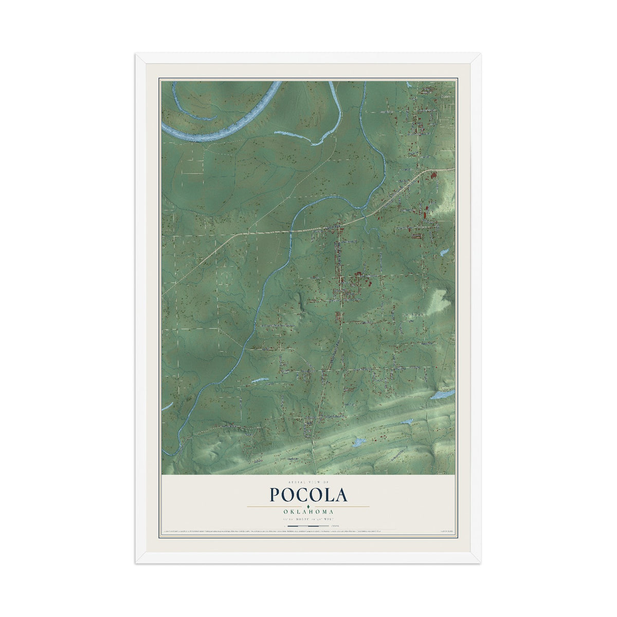 Map of Pocola, Oklahoma, 12 x 18 inch print in a white wood frame