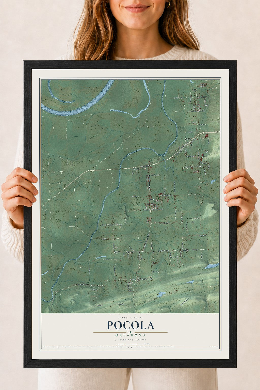Map of Pocola, Oklahoma, 18 x 24 inch print in a black wood frame