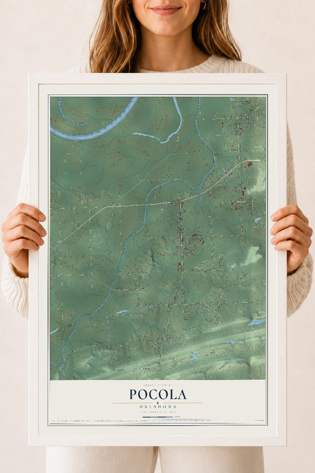 Map of Pocola, Oklahoma, 18 x 24 inch print in a white wood frame