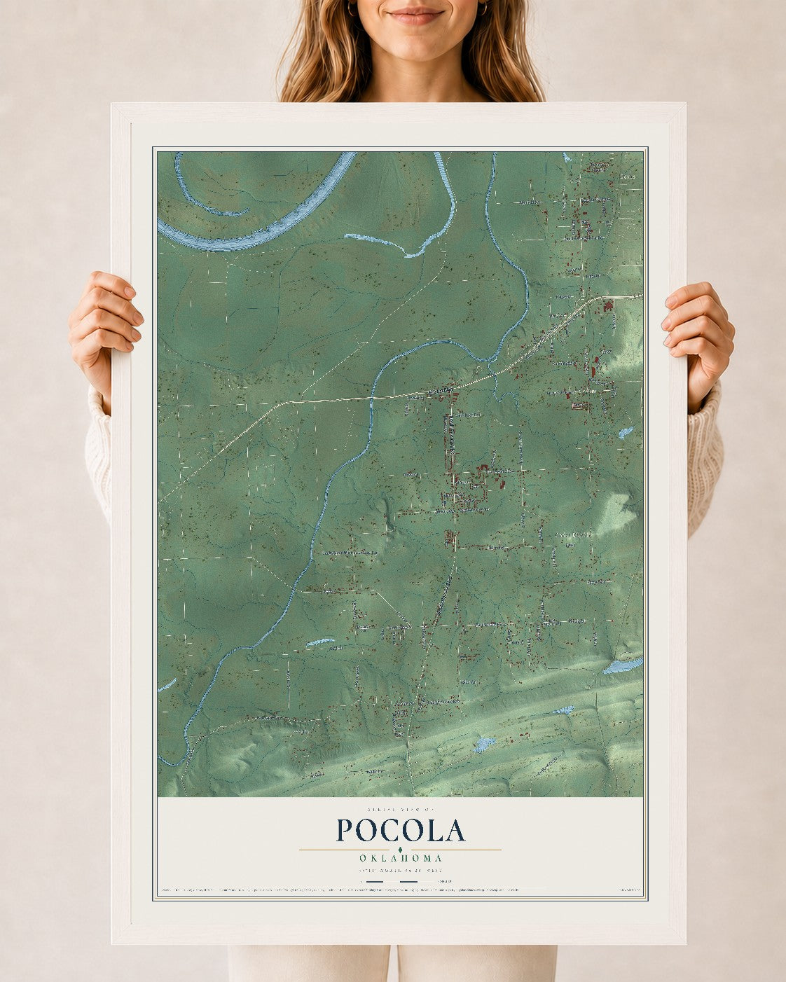 Map of Pocola, Oklahoma, 24 x 36 inch print in a white wood frame