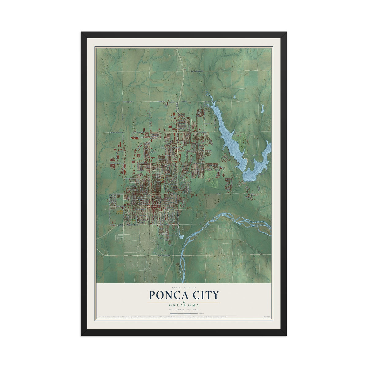 Map of Ponca City, Oklahoma, 12 x 18 inch print in a black wood frame