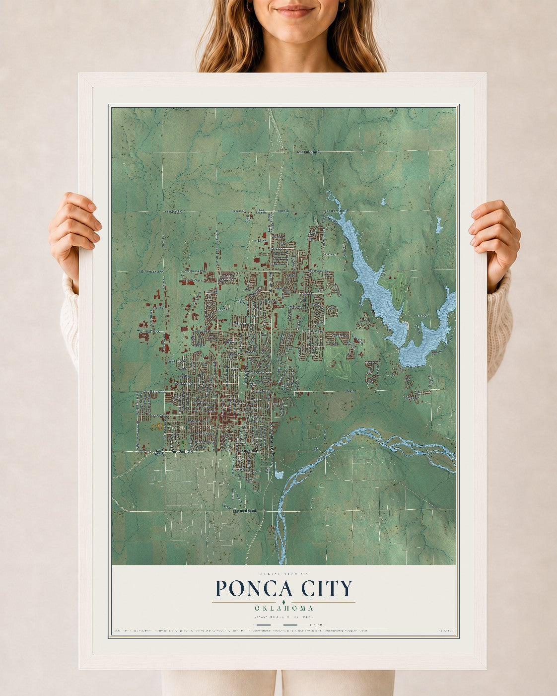 Map of Ponca City, Oklahoma, 24 x 36 inch print in a white wood frame