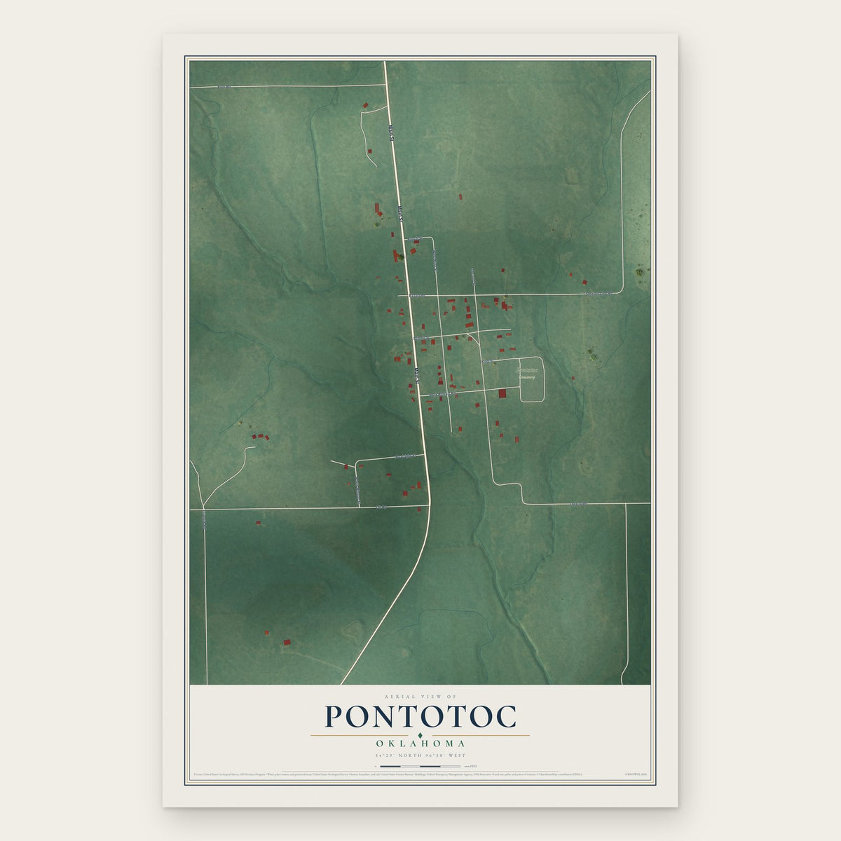 Pontotoc, Oklahoma map print, the full design