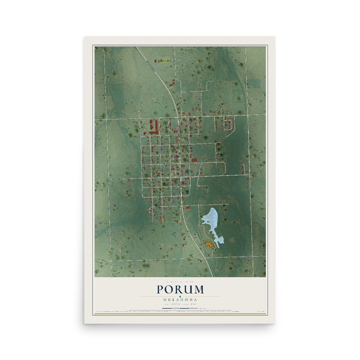 Map of Porum, Oklahoma, 12 x 18 inch unframed archival matte print
