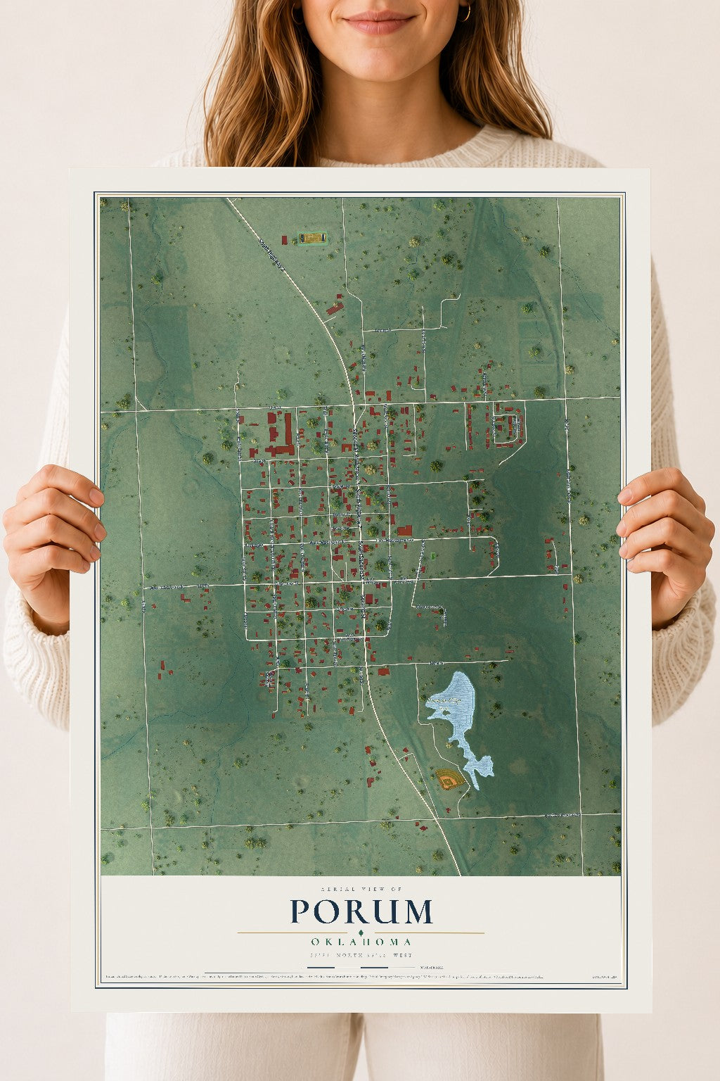 Map of Porum, Oklahoma, 18 x 24 inch unframed archival matte print