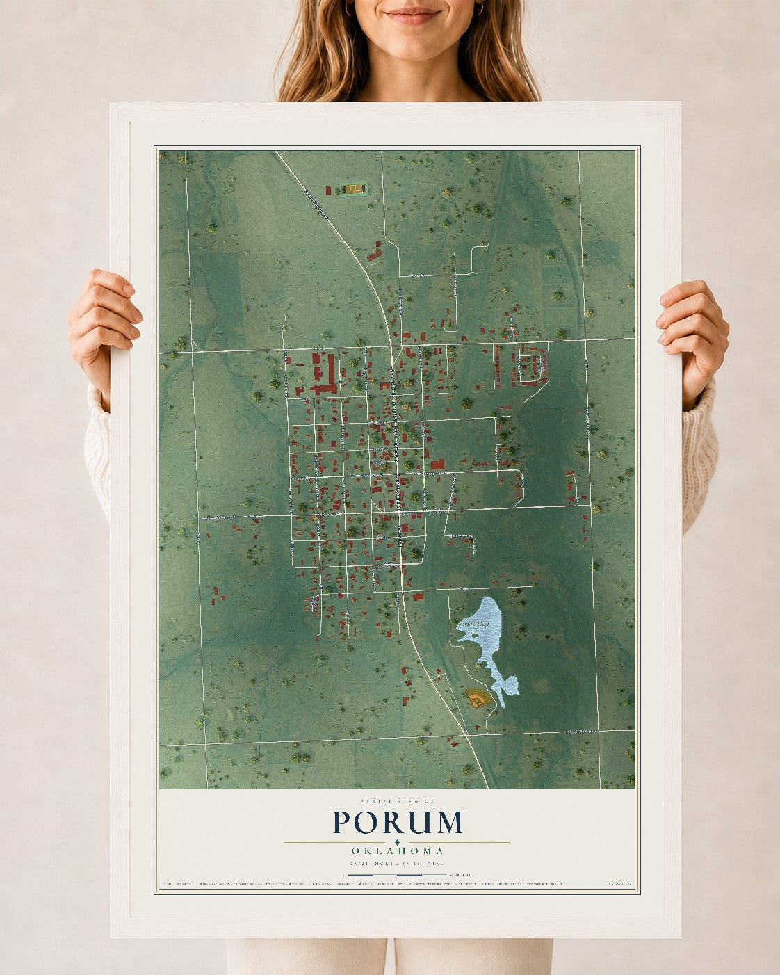 Map of Porum, Oklahoma, 24 x 36 inch print in a white wood frame