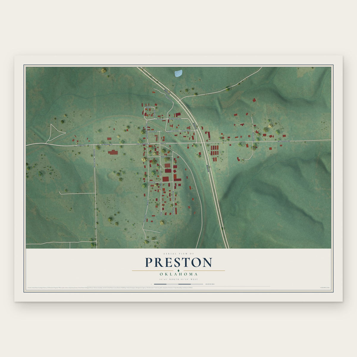 Preston, Oklahoma map print, the full design
