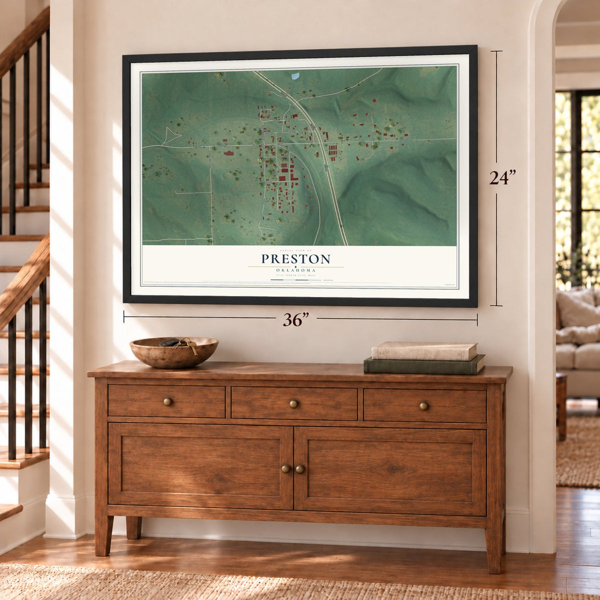 Preston, Oklahoma map, 24 x 36 inch print in a black frame above a dresser by a staircase