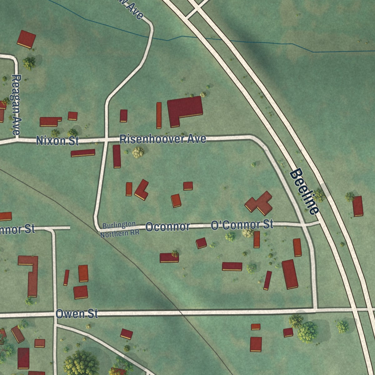 Close-up of the map of Preston, Oklahoma print showing street and building detail
