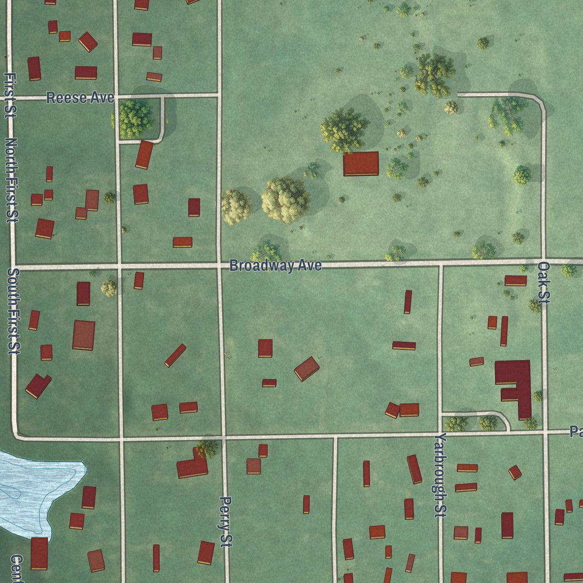 Close-up of the map of Prue, Oklahoma print showing street and building detail