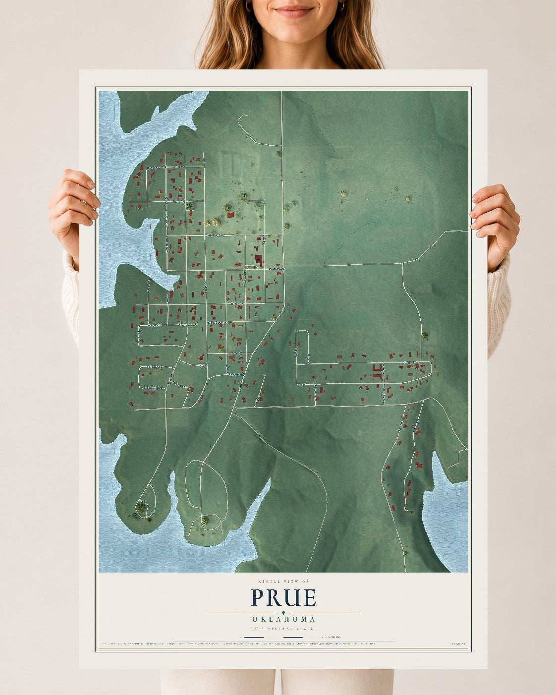 Map of Prue, Oklahoma, 24 x 36 inch unframed archival matte print