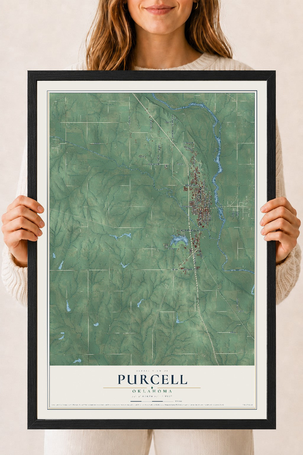 Map of Purcell, Oklahoma, 18 x 24 inch print in a black wood frame