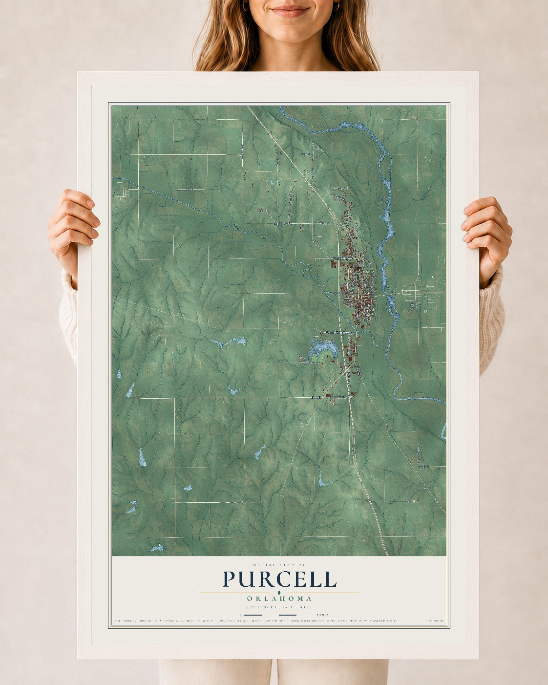 Map of Purcell, Oklahoma, 24 x 36 inch print in a white wood frame