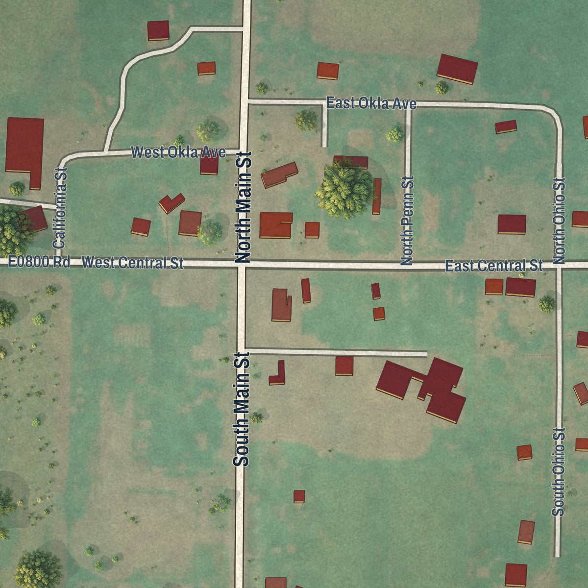Close-up of the map of Putnam, Oklahoma print showing street and building detail