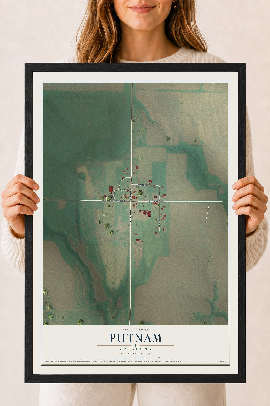 Map of Putnam, Oklahoma, 18 x 24 inch print in a black wood frame