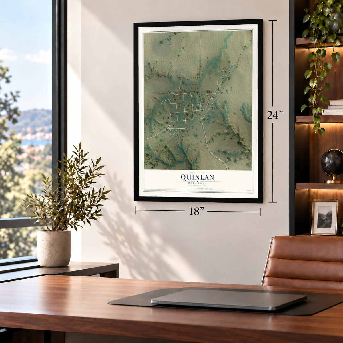 Quinlan, Oklahoma map, 18 x 24 inch print in a black frame in a home office
