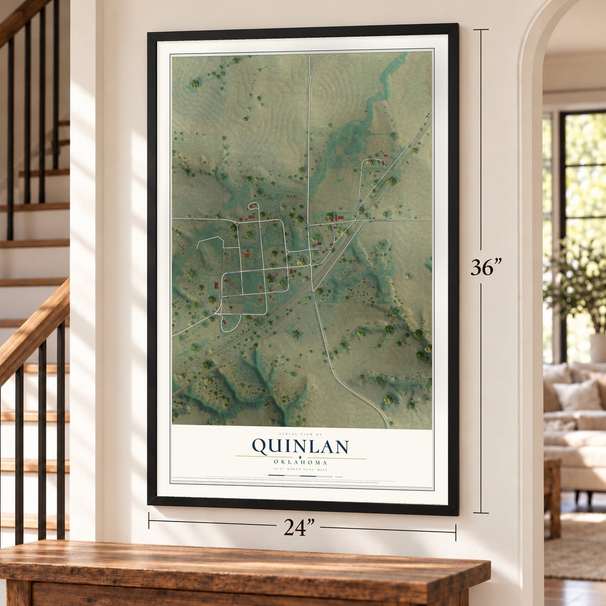 Quinlan, Oklahoma map, 24 x 36 inch print in a black frame by a staircase