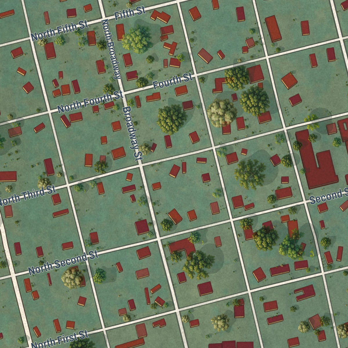 Close-up of the map of Quinton, Oklahoma print showing street and building detail