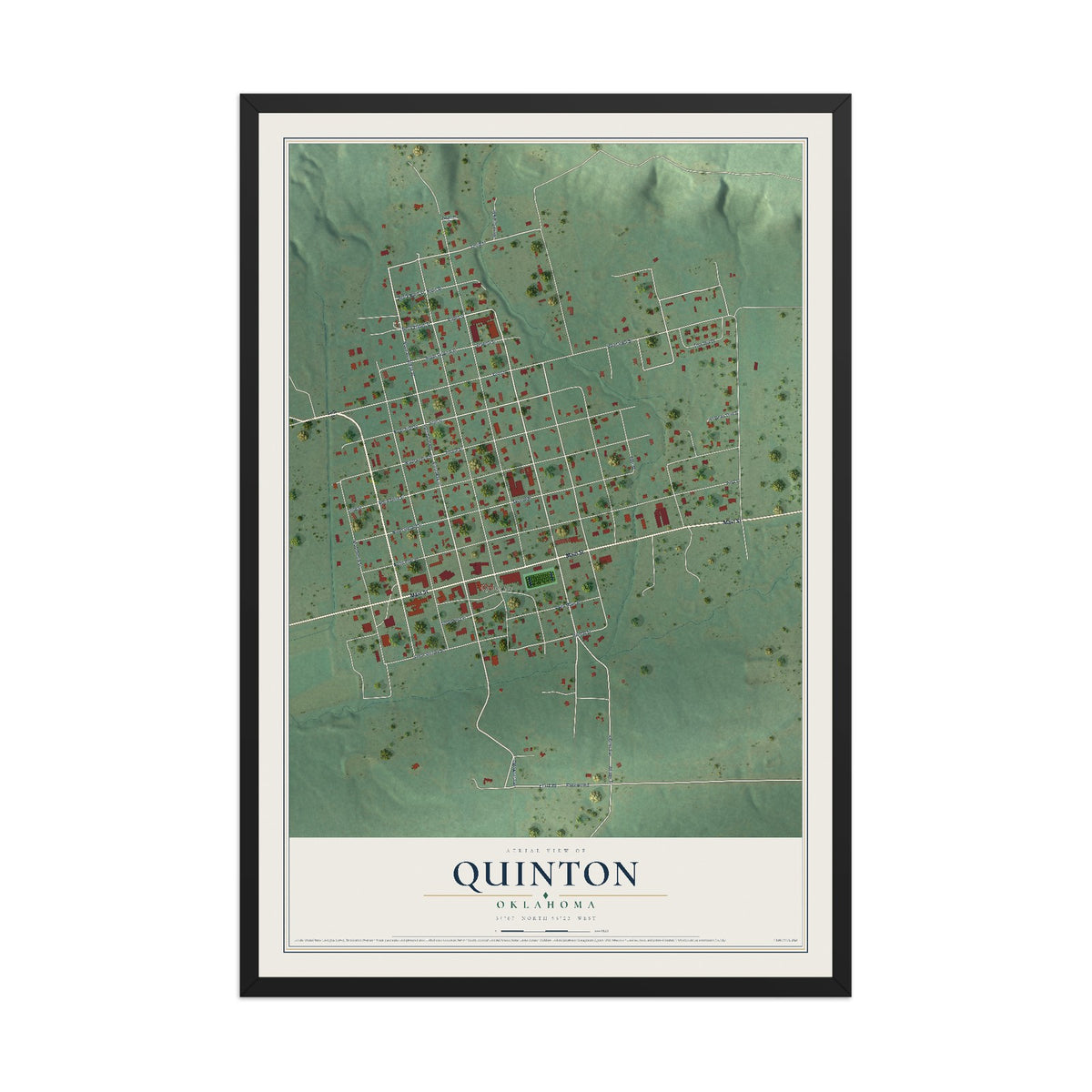 Map of Quinton, Oklahoma, 12 x 18 inch print in a black wood frame