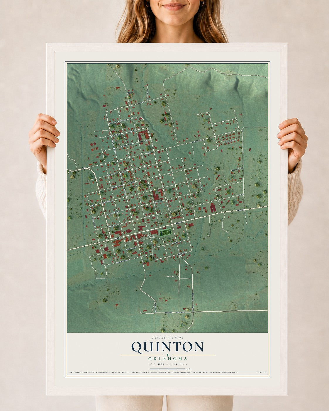 Map of Quinton, Oklahoma, 24 x 36 inch print in a white wood frame