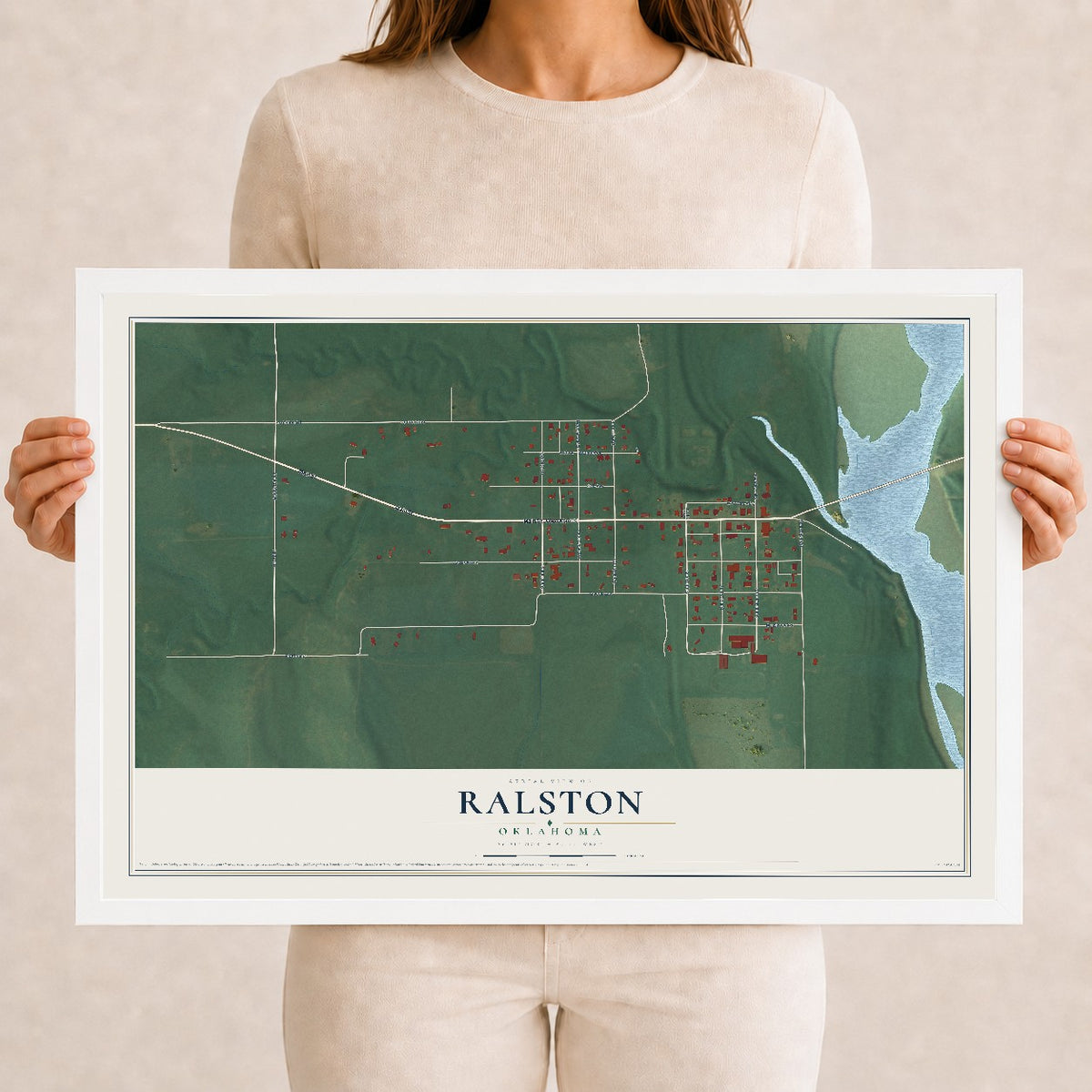 Map of Ralston, Oklahoma, 12 x 18 inch print in a white wood frame