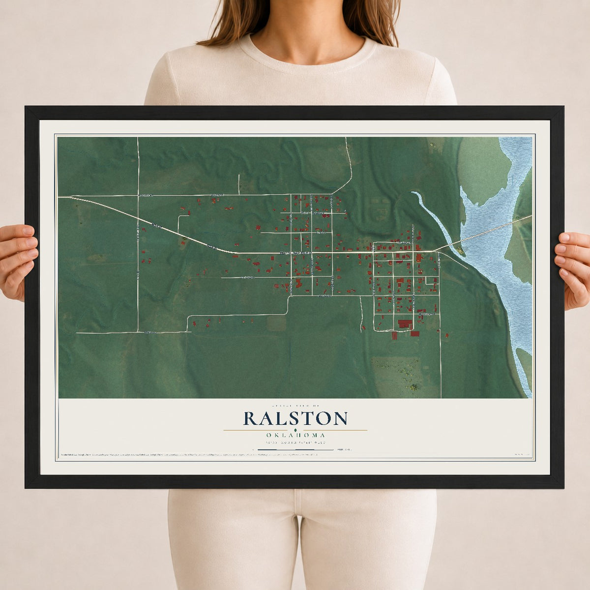 Map of Ralston, Oklahoma, 18 x 24 inch print in a black wood frame