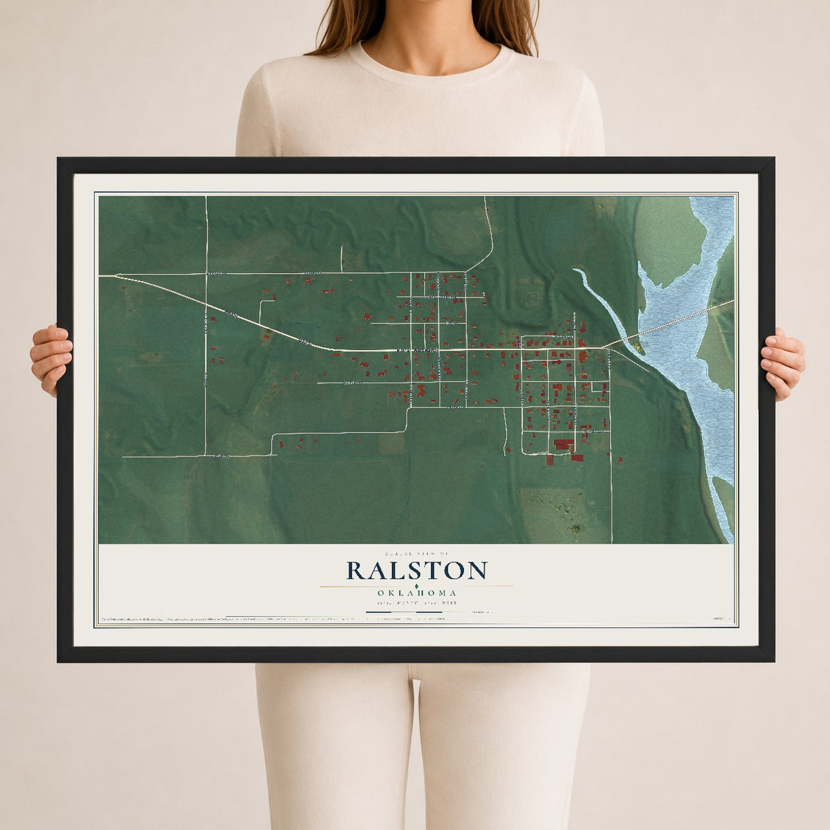 Map of Ralston, Oklahoma, 24 x 36 inch print in a black wood frame