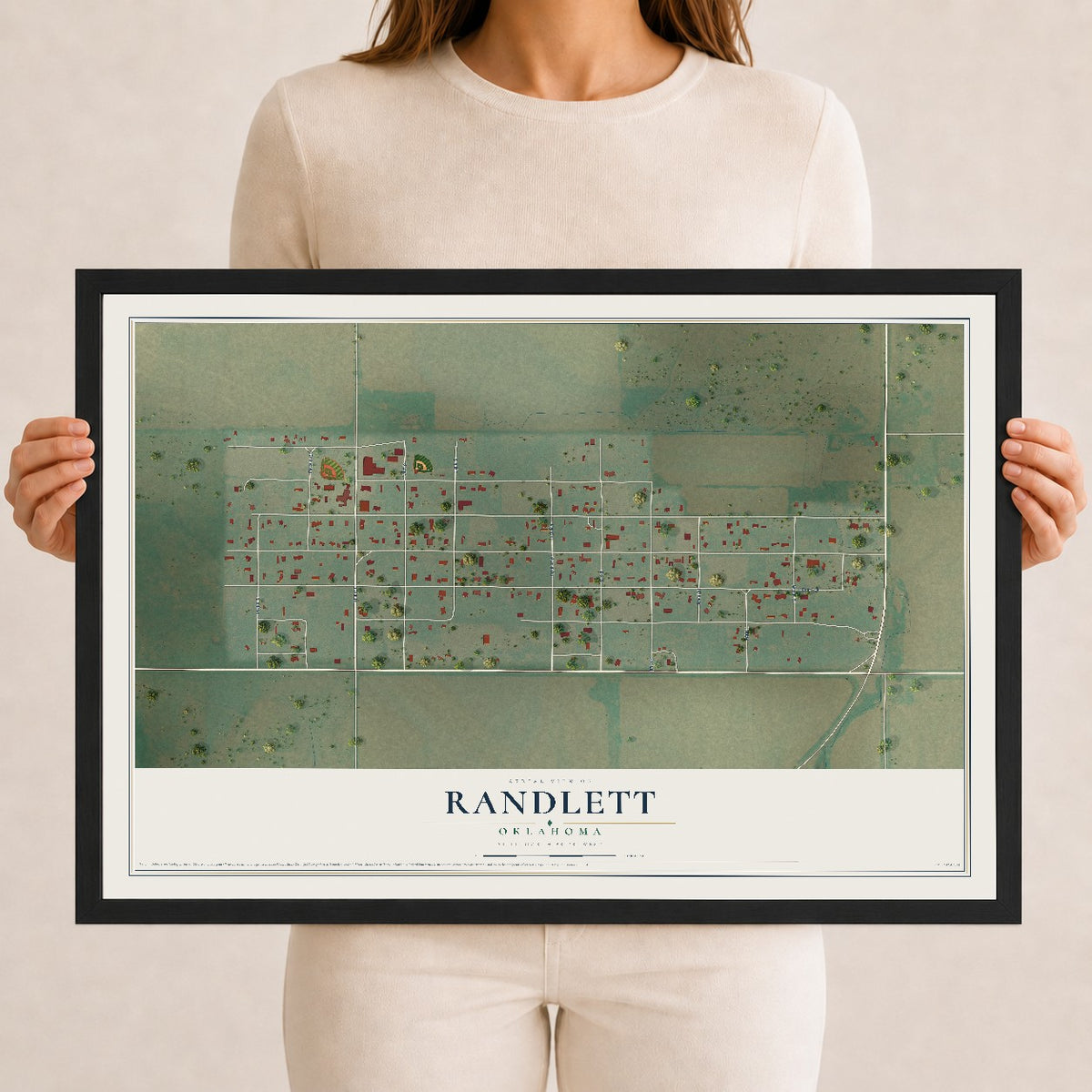 Map of Randlett, Oklahoma, 12 x 18 inch print in a black wood frame