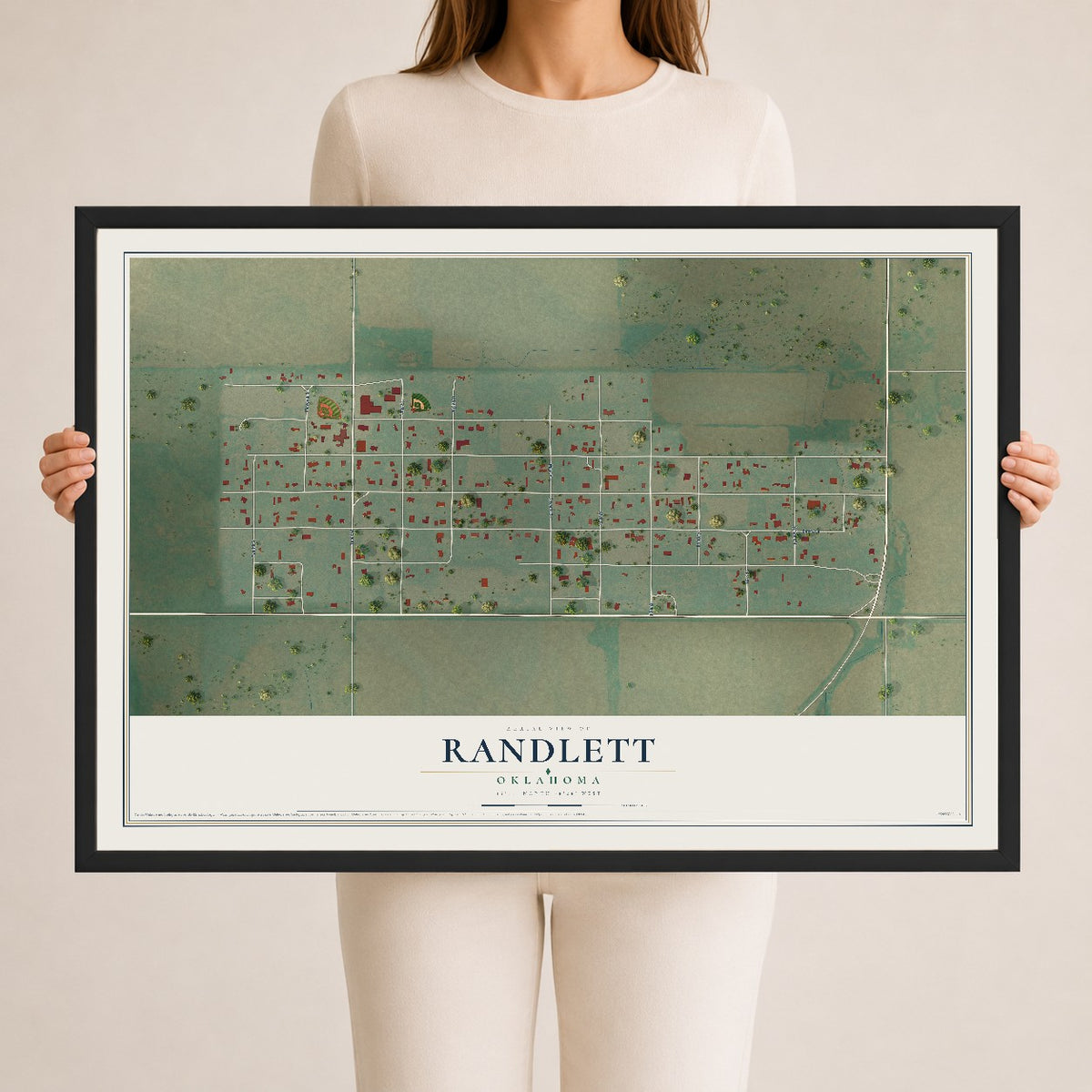 Map of Randlett, Oklahoma, 24 x 36 inch print in a black wood frame